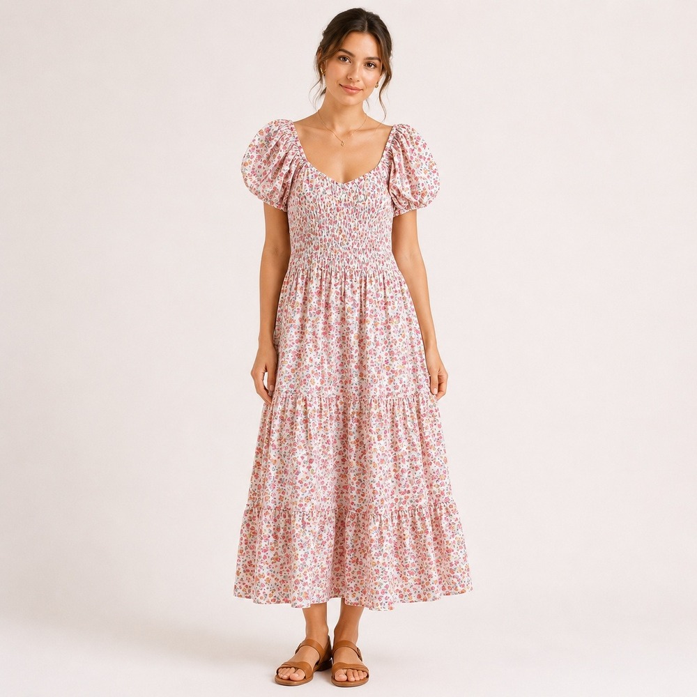 Indigo Rose Floral Smocked Puff Sleeve Tiered Midi Dress Pink Petite Medium NWT